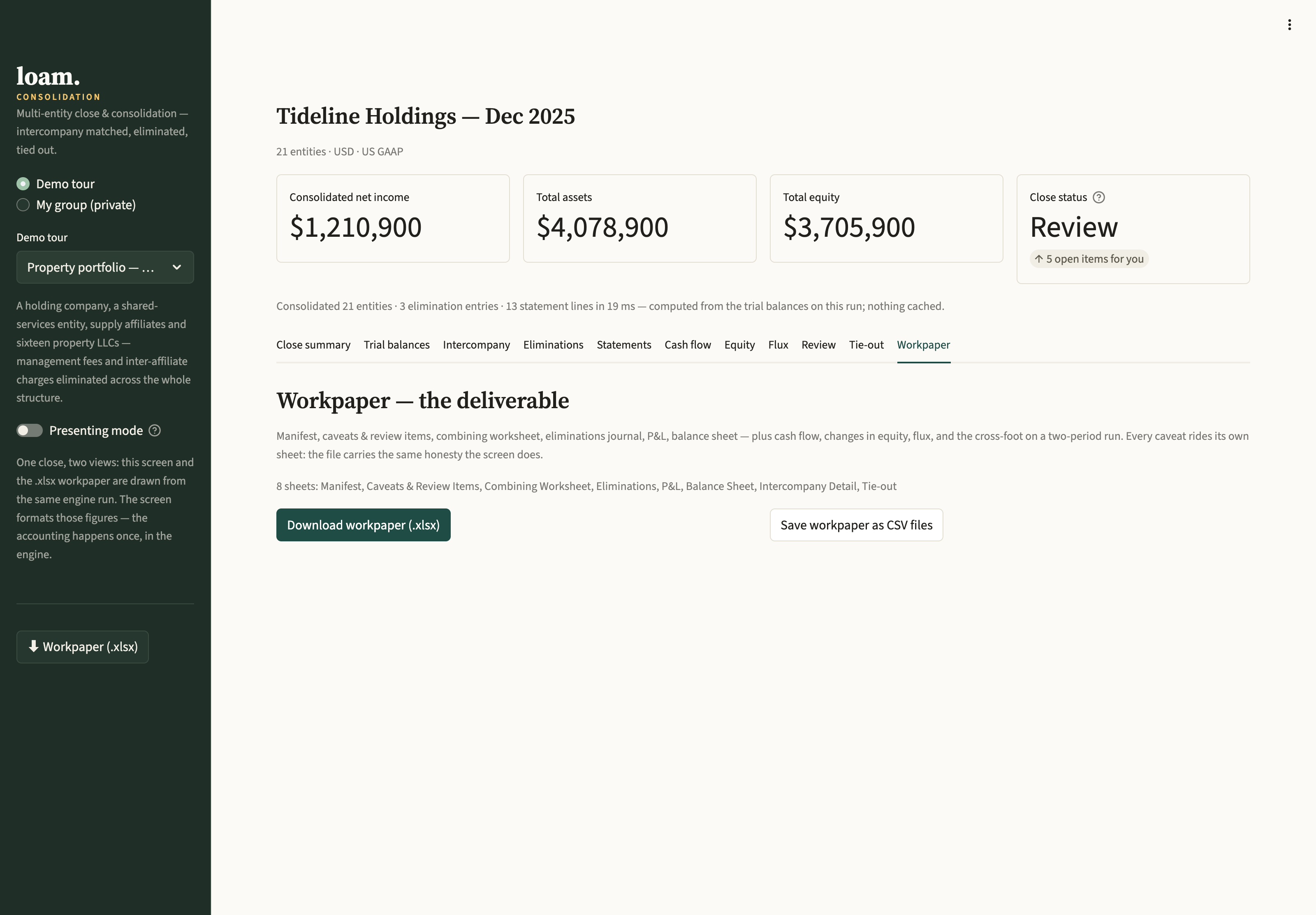 loam's Workpaper tab: the Excel deliverable containing the combining worksheet, elimination journal, tie-out and caveats